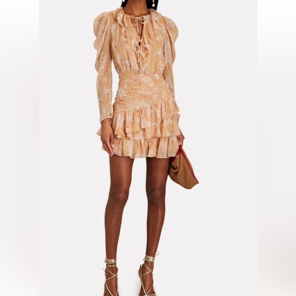 Ulla Johnson Cecily Ruffle Orange and Gold Metallic Floral Mini Dress